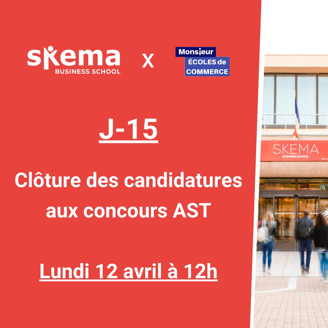 🔴 Concours AST <a href="/SKEMA_BS/">SKEMA Business School</a> : J-15 avant la clôture des inscriptions aux concours AST 1 &amp; 2 de SKEMA Business School.
- Concours AST 1 : 120 places en 2024.
- Concours AST 2 : 380 places en 2024.
✅ Date de clôture des inscriptions : lundi 12 avril à 12h.
