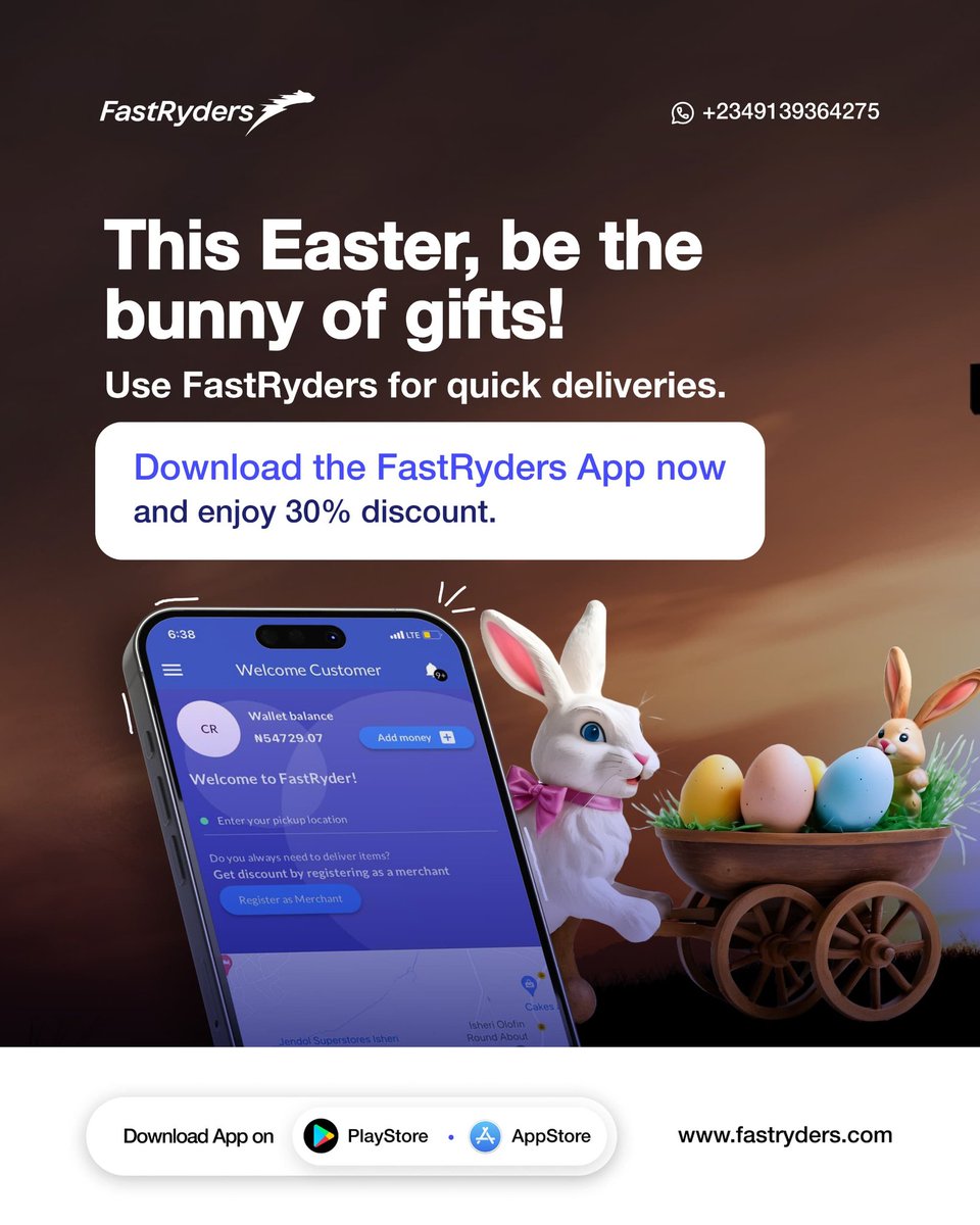 Celebrate Easter with ease by using FastRyders for hassle-free gift deliveries, plus enjoy an exclusive 30% discount when you order through the FastrRyders App.
.
.
#easter2024 #fastrydersapp #businessowners #logisticexcellence #logisticscompsnyinlagos #dispatchridersinlagos