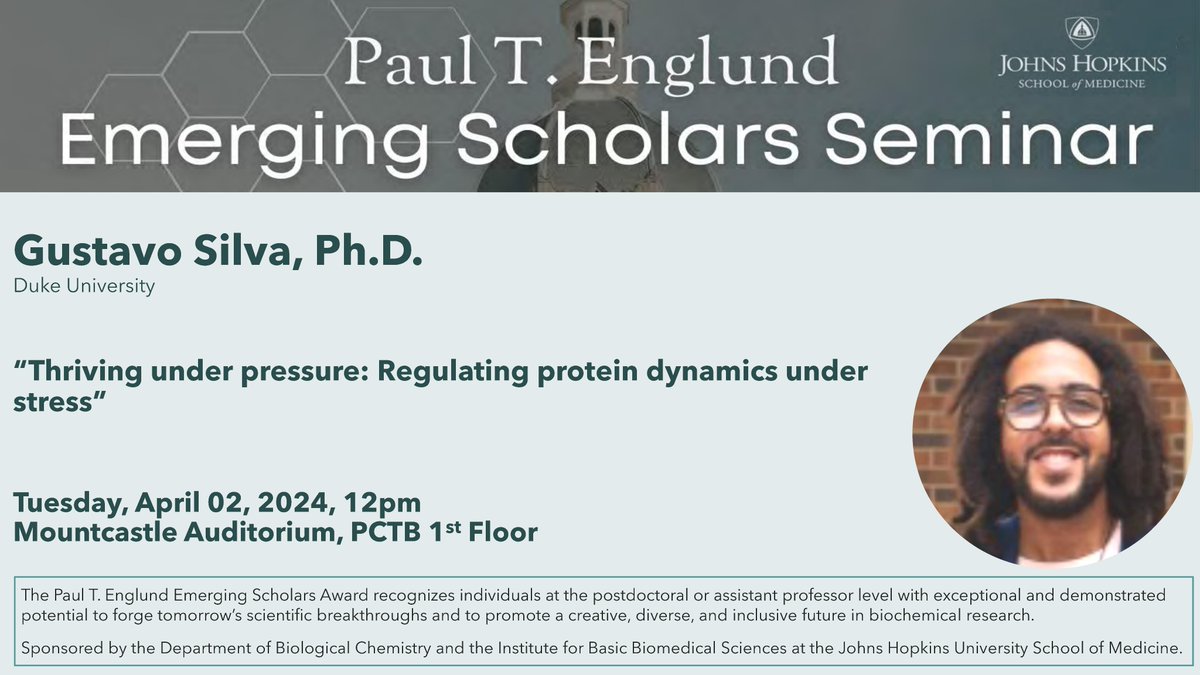 I'm excited to give the Paul T. Englund Emerging Scholars award lecture <a href="/JohnsHopkins/">Johns Hopkins University</a> next Tuesday. If you're in town, I'd love to see you there.

Thanks to <a href="/HopkinsBiolChem/">Biological Chemistry at Johns Hopkins</a> and <a href="/HopkinsMedicine/">Johns Hopkins Medicine</a> for selecting me for this award. It's such an honor!