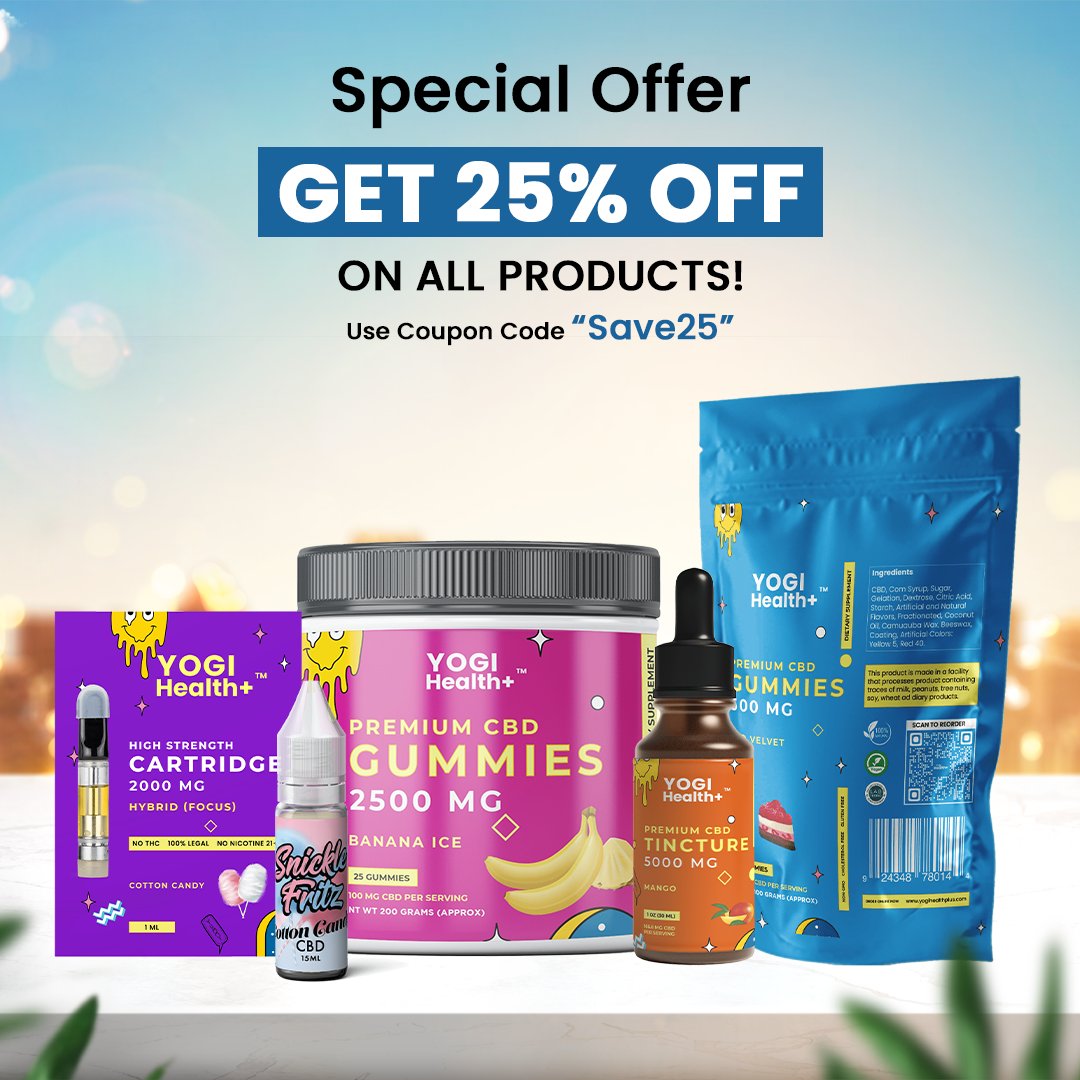 Don't miss out on our special offer! Get 25% off on all CBD products with coupon code 'Save25'. Shop now and experience the power of CBD!

#yogihealthplus #cbdsavings #excitingoffers #cbddeals #cbddiscount #cbdspecial #cbdsale #saveoncbd #cbdoffers #discountedcbd #wellnessdeals