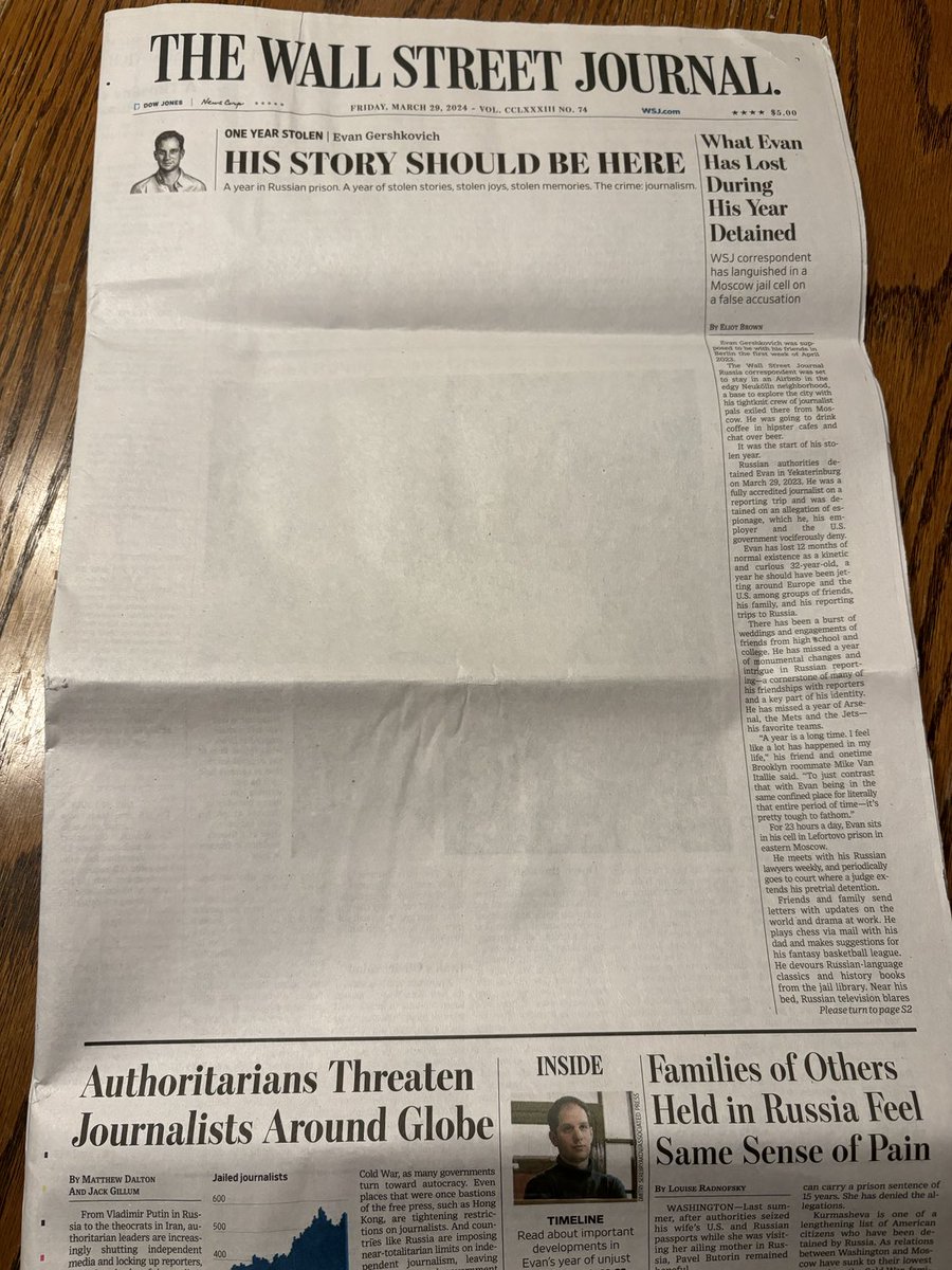 Jason Rezaian (@jrezaian) on Twitter photo Today’s <a href="/WSJ/">The Wall Street Journal</a> front page.
If you find yourself held hostage on the other side of the world, you want an employer like The Journal, <a href="/WilmerHale/">WilmerHale</a> as your lawyers and Ella Milman, Mikhail and Danielle Gershkovic as your family.
#IStandWithEvan Today’s <a href="/WSJ/">The Wall Street Journal</a> front page.
If you find yourself held hostage on the other side of the world, you want an employer like The Journal, <a href="/WilmerHale/">WilmerHale</a> as your lawyers and Ella Milman, Mikhail and Danielle Gershkovic as your family.
#IStandWithEvan