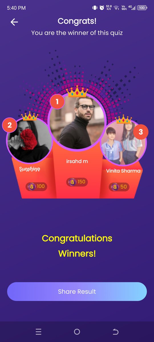 Who said earning money can't be fun? 🤑 I just won 100 $GARI by playing an exciting Quiz on Chingari Rooms! Join me now and play to win up to 300 $GARI 💰 every day with Chingari. Click the link to get started! #ChingariRooms #WinMoney #JoinNow #WinGARI chingari.io/room/447481