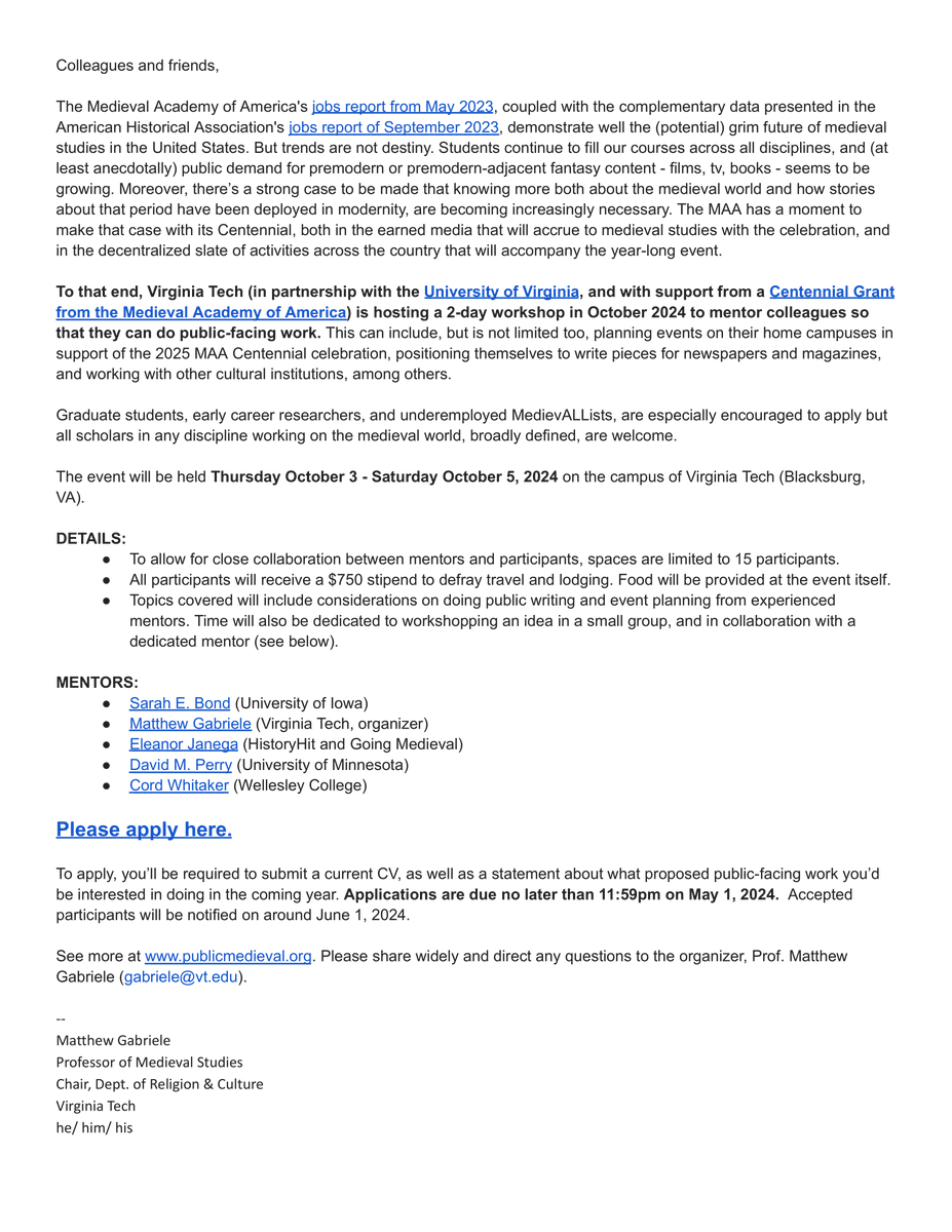 MAA Graduate Student Committee (@gsc_maa) on Twitter photo 📣Interested in public facing medieval work? 📺📻🗞️ VA Tech (in partnership w/ UVA & w/ <a href="/MedievalAcademy/">The Medieval Academy</a> sponsorship) is hosting a 2-day workshop in Oct 2024 to mentor colleagues on doing public-facing work 🎙️📡 @prof_gabriele See details 👇🖇️ Apply 🔗 bit.ly/PublicMedieval… 📣Interested in public facing medieval work? 📺📻🗞️ VA Tech (in partnership w/ UVA & w/ <a href="/MedievalAcademy/">The Medieval Academy</a> sponsorship) is hosting a 2-day workshop in Oct 2024 to mentor colleagues on doing public-facing work 🎙️📡 @prof_gabriele See details 👇🖇️ Apply 🔗 bit.ly/PublicMedieval…