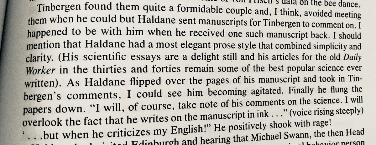 Haldane reacting to Tinbergen’s criticism of his English. Remembered by Aubrey Manning.