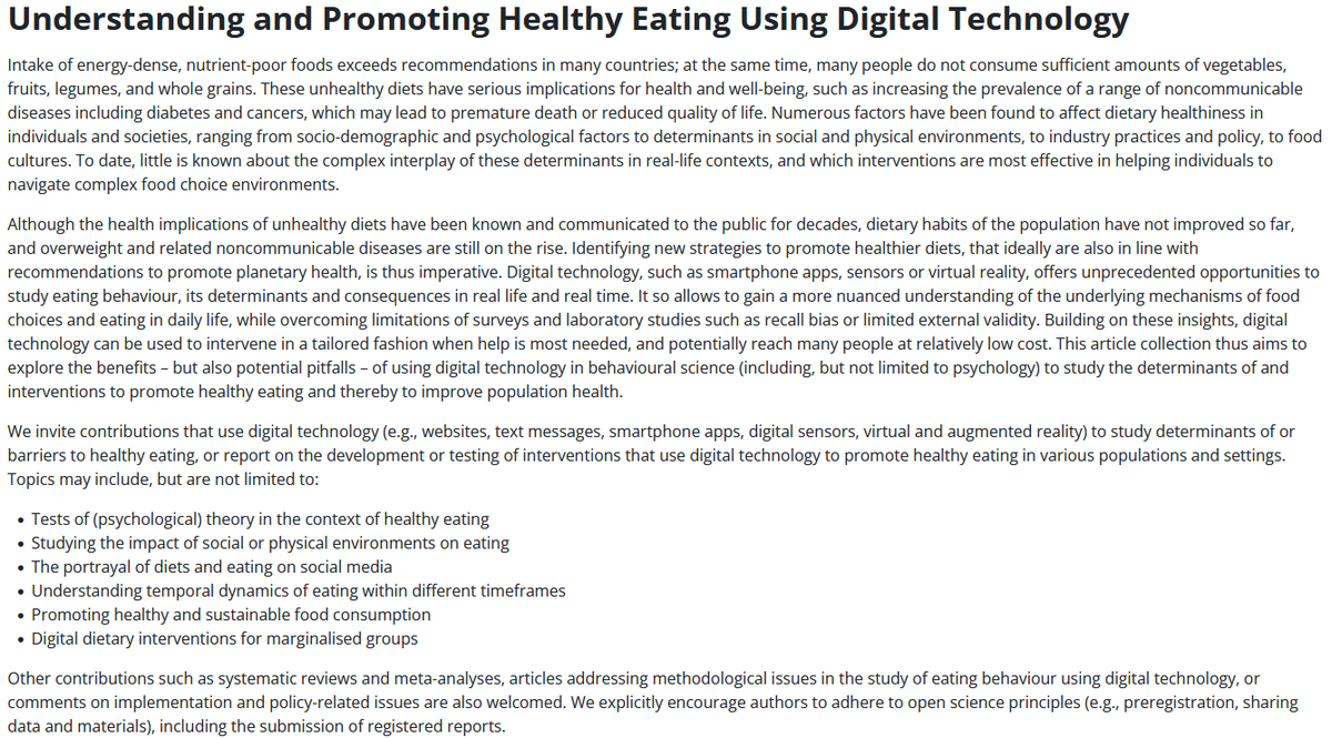 You work on #digitalhealth or digital assessments in the context of eating behaviour? Consider submitting your paper to our article collection in Health Psychology and Behavioral Medicine #openaccess. APC discount for <a href="/EHPSociety/">European Health Psychology Society</a> members!
think.taylorandfrancis.com/article_collec…
