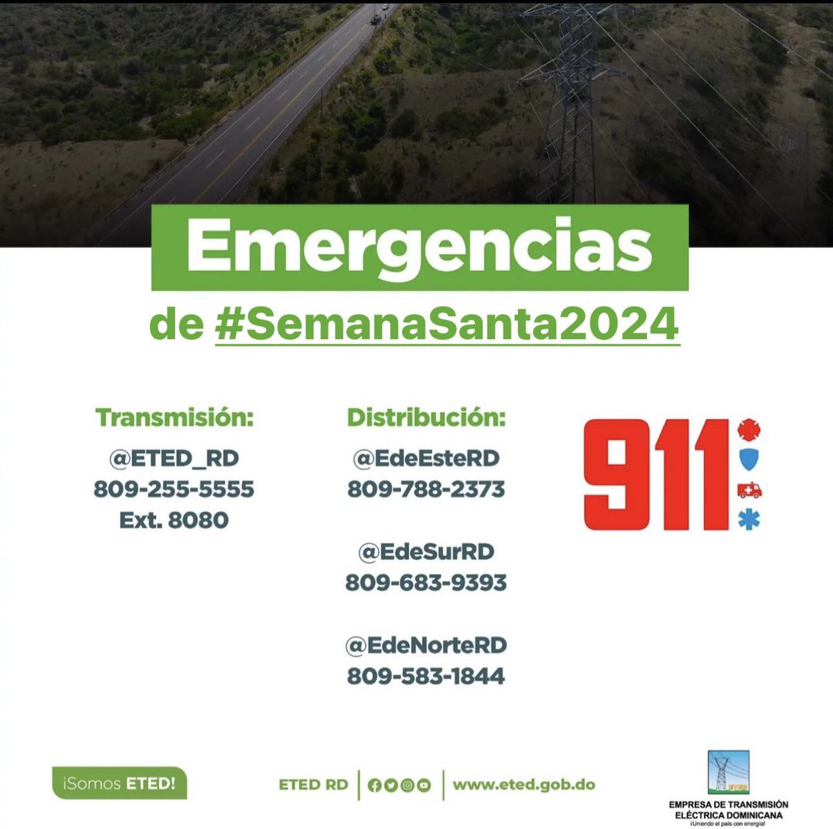 ETED_RD's tweet photo. Si se presenta una emergencia eléctrica, es importante que tengas los números de contacto de los organimos encargados.

En esta #SS2024 no olvides mantenerte a salvo. También,  recuerda el @Sistema911_RD donde puedes reportar emergencias desde cualquier punto del país.

#ETEDRD https://t.co/uh5DYtHjfB