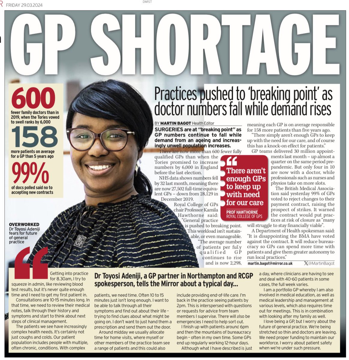 Our First5 Chair @drtoyosiadeniji has written in @DailyMirror about her typical hardworking day as a GP - read her and @KamilaRCGP’s comments about how much pressure GPs are working under and concerns for patient safety: mirror.co.uk/news/uk-news/i…