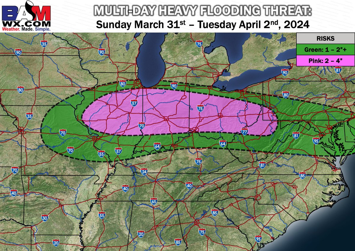 Met_khinz's tweet photo. 🌧️FLOODING RISK INCREASING EARLY NEXT WEEK🌧️

Discussion: a multi-day excessive rainfall threat is increasing Easter Sunday thru early next week, as a stalled out warm front + strong SW flow aloft collide to bring the risk for some locations (in the pink) to receive 2-4"+.

Timeframe: ~Sun - Tues next week.

Stay tuned to @clarity_wx @bamwxcom for updates as we get closer!

#AGwx #Plant24 #ILwx #INwx #OHwx #MOwx