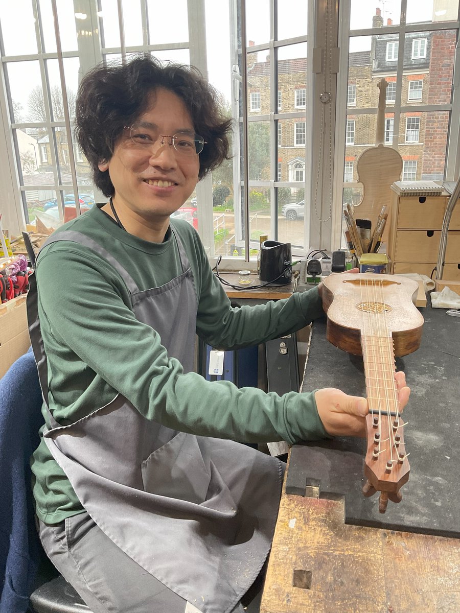 Keisuke is working on repairs to a Vihuela; a 15th-century fretted plucked Spanish string instrument, shaped like a guitar but tuned like a lute. It was used in 15th- and 16th-century Spain as the equivalent of the lute in Italy. #vihuela #craft #lutherie