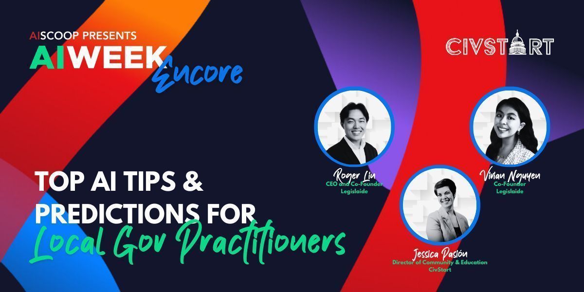 CivStart's tweet image. 🚀 AI enthusiasts! Join our webinar &quot;AI WEEK Encore - Top AI Tips and Predictions for Local Gov Practitioners&quot; on April 17 at 2pm ET. Discover AI&apos;s future in local gov with experts Vivian Nguyen and Roger Lin. #AIWeek2024 #LocalGovTech

Register at: civstart.disco.co/share/o/T2NjdX…
