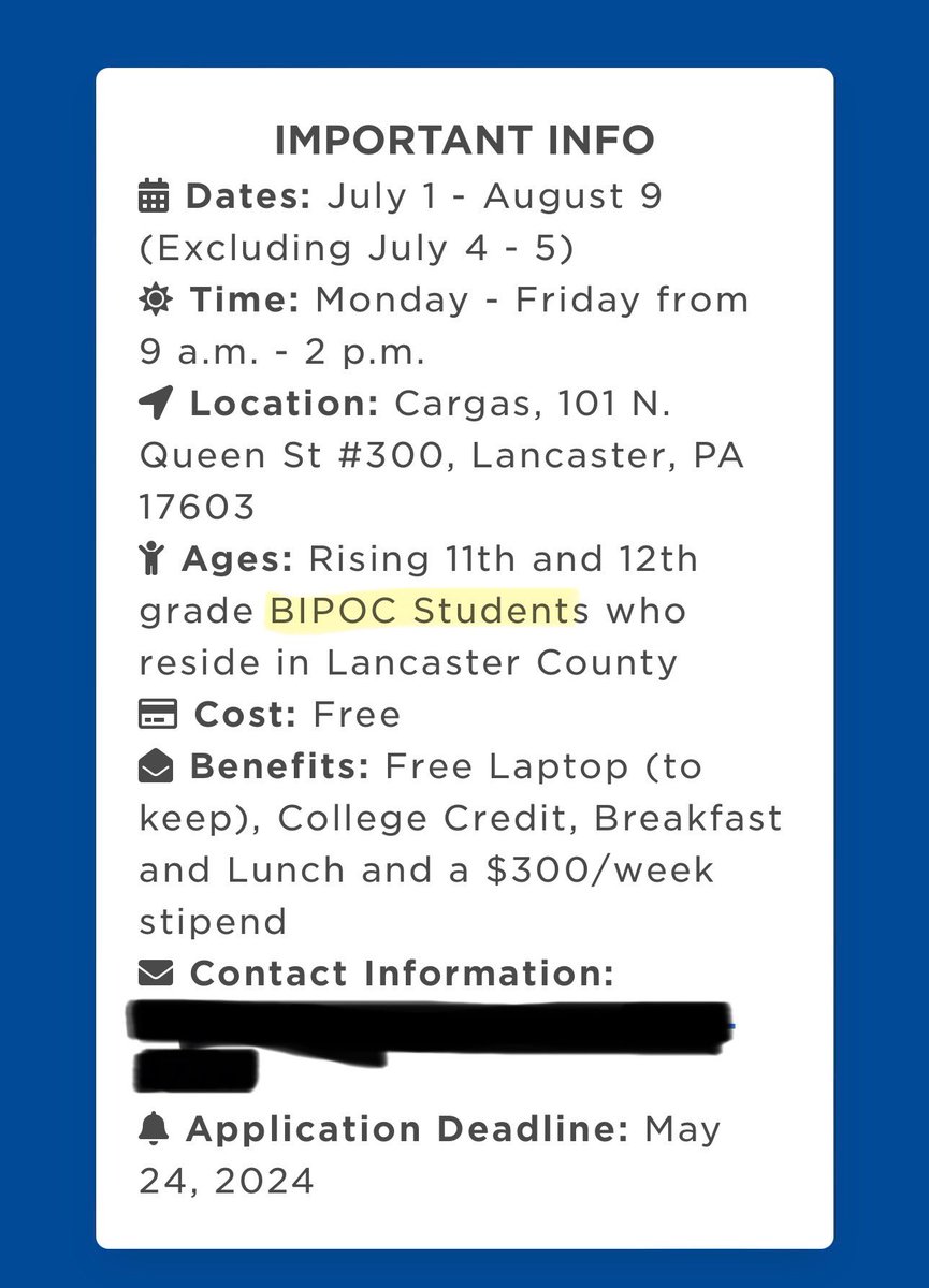 .@EtownCollege is holding segregated summer camp programs for kids. They offer a free summer coding course only for Black kids. Not just is it free, but kids get paid to be there and receive a free laptop. The staff are also only allowed to be Black. No Whites allowed. This is…