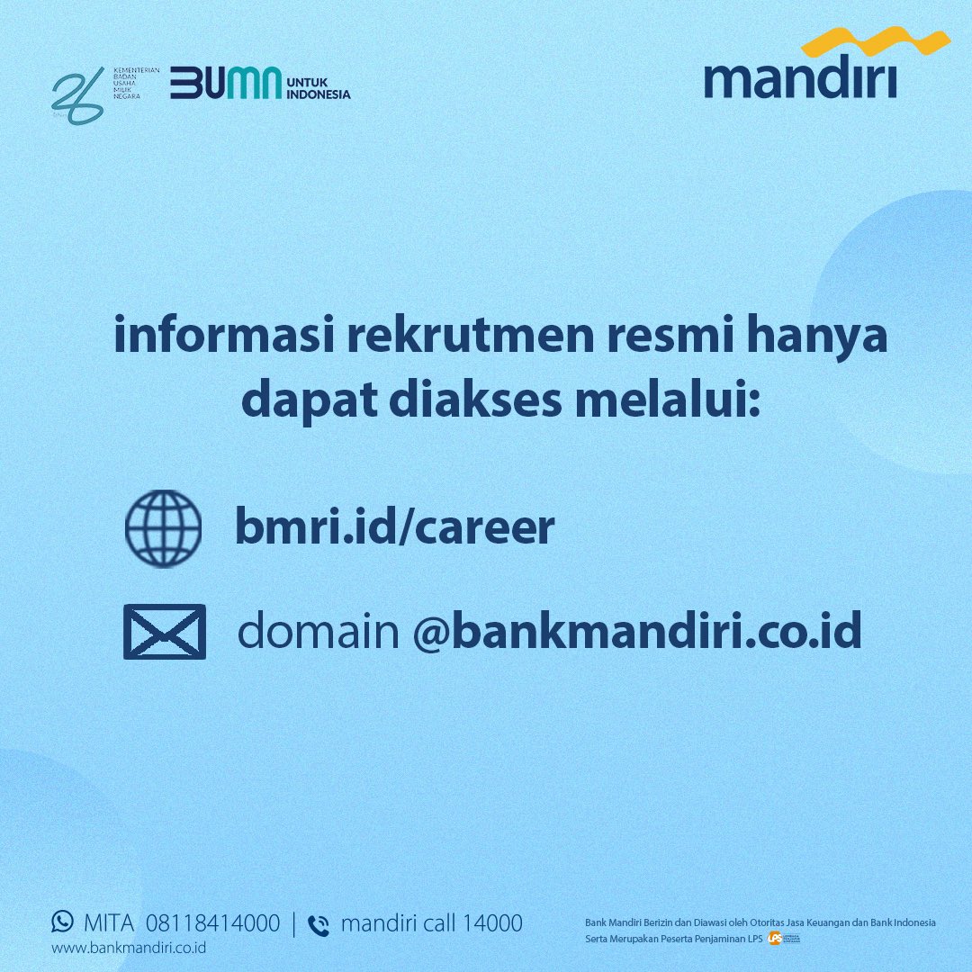 🚨WARNING🚨 Sahabat, saat ini banyak beredar informasi rekrutmen palsu yang mengatasnamakan Bank Mandiri. Hati-hati dan pastiin kamu dapet informasinya dari situs resmi. #KelasMandiri