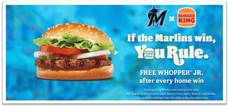 NEW: Marlins fans can get a free Whopper Jr. after each home win this season. Burger King will also offer BOGO Marlins tickets for customers in their Miami-Dade and Broward locations.