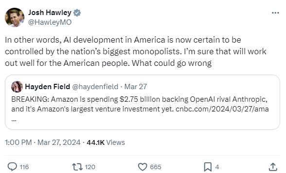 AdamThierer's tweet photo. for the record, Sen. Hawley has pushed multiple proposals that would undermine #AI innovation & competition, including licensing restrictions, massive new liability, gutting Sec. 230, & undermining open source efforts.
See:
* https://t.co/LNlsERyubp
* https://t.co/dTCzRznbbL https://t.co/aPVohIyElS