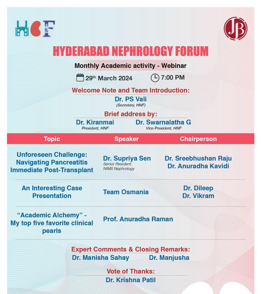 ✨Hyderabad Nephrology Forum welcomes you all to the online session of monthly academic meet
✨Session on ”Academic Alchemy” is our new addition

zoom.us/j/94254293844

<a href="/kiranmai_ismal/">Kiranmai Ismal</a> <a href="/SwarnalathaGud2/">Swarnalatha Guditi</a> <a href="/DrPSVali/">Dr P S Vali</a>