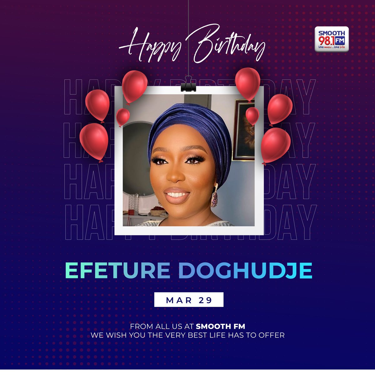 Today, we celebrate with Efe!
@turidee81 

Happy Birthday 🥳 

Please share your sweet wishes below 

❤️💙🤍

#Smooth981FM #SmoothFMLagos #Love #HappyBirthday #LoveMusic #LoveLife #Music #Celebration #LoveMusicLoveLife #Entertainment