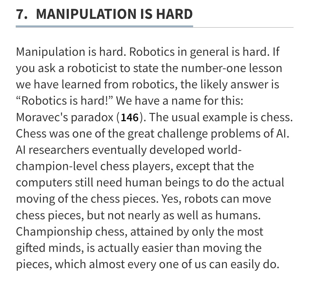Robotics is hard! Mason, 2018. Toward Robotic Manipulation. Annual Review of Control, Robotics, and Autonomous Systems doi.org/10.1146/annure…