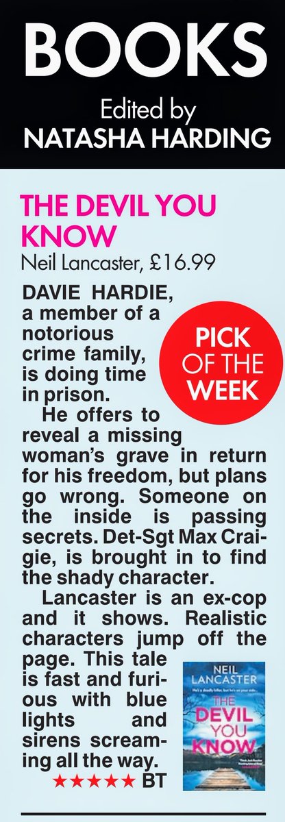 Neil Lancaster's THE DEVIL YOU KNOW is a high-speed pursuit of a police crime thriller - terrific. Here's my review in @natashahwrites's #sunbookscolumn today - #CrimeFiction #crime #thriller #MYSTERY #fiction #books #REVIEW #BookReview #fridayreads #BookOfTheWeek #PickOfTheWeek