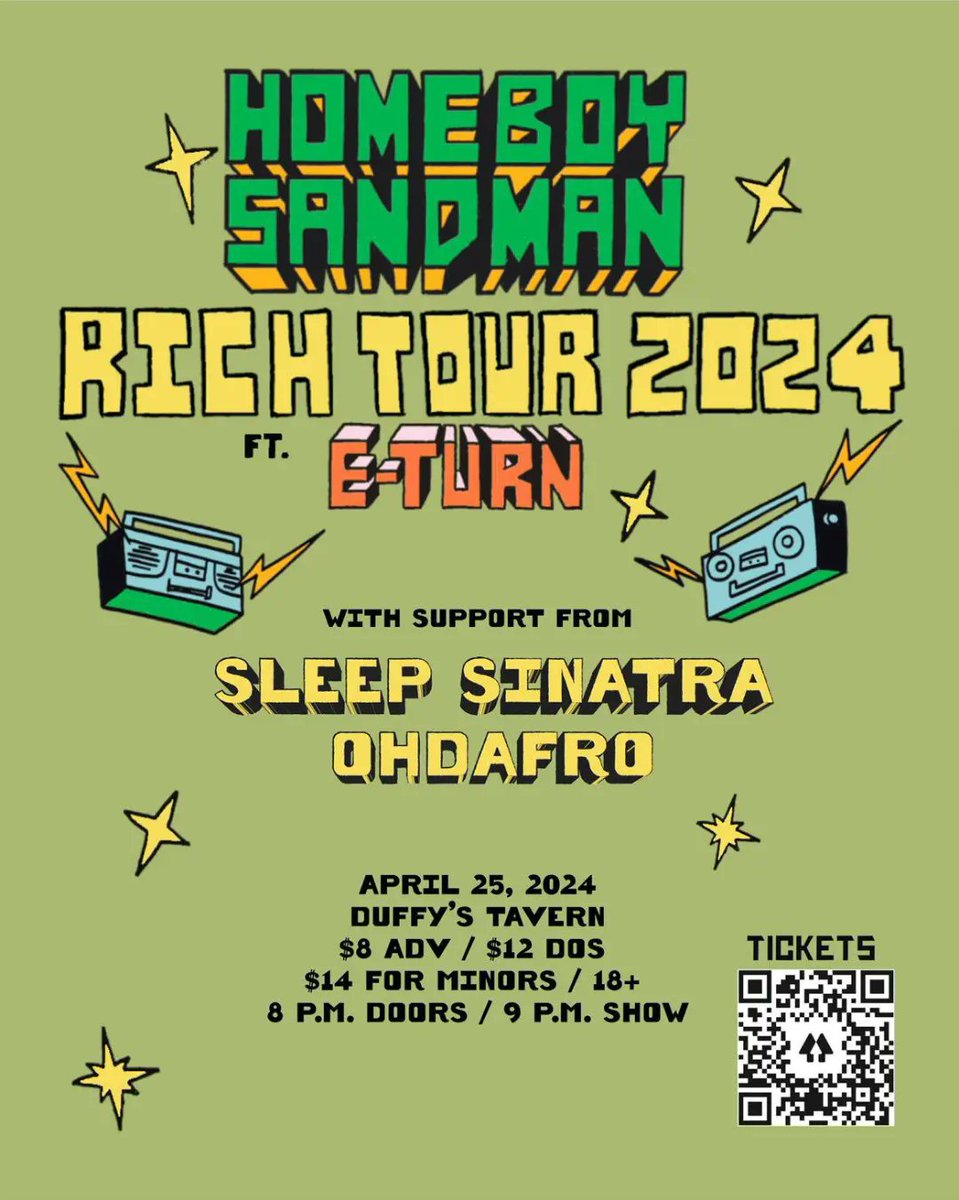 Homeboy Sandman x <a href="/eturnmusic/">E-TURN</a> x Sleep Sinatra x <a href="/ohdafro/">Ohdafro</a> April 25th at Duffys Tavern

Bars upon Bars