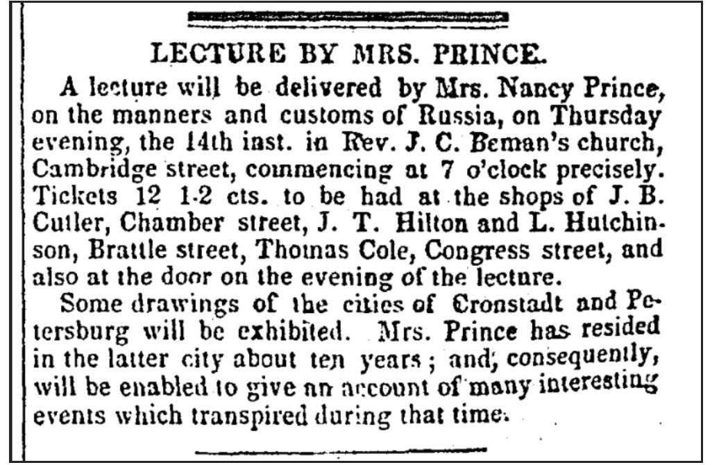 Born free in Newburyport MA, Nancy Prince moved to #Boston's Beacon Hill Black community. She lived in Russia for 10 yrs w/ her husband. Back home, she lectured & fought slavery. In 1847, she & other Black women saved a woman from a slave-catcher in a physical confrontation. #WMH