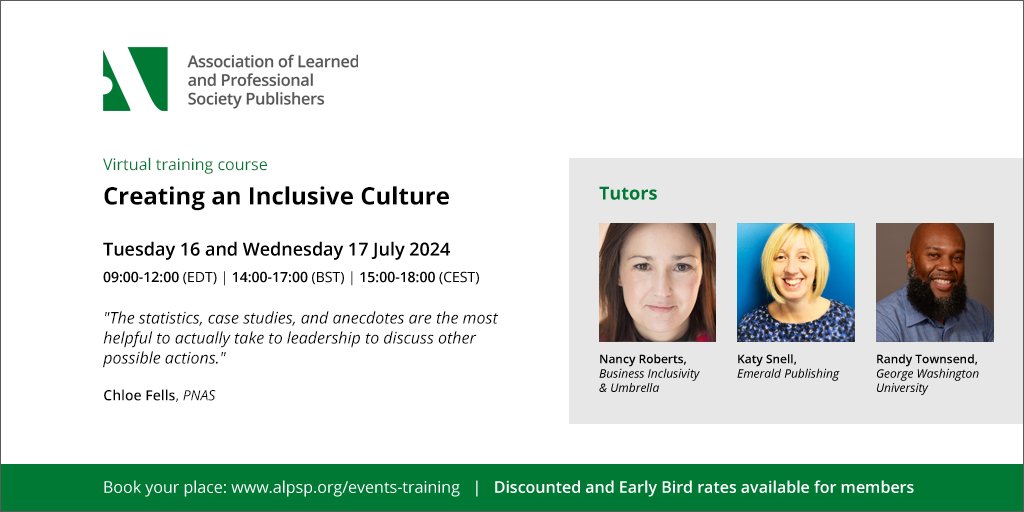 🌟 Explore diversity strategies in scholarly publishing! Join ALPSP's 'Creating an Inclusive Culture' course on 16 & 17 July. Early bird rates for members end 16 April. Reserve your place! ow.ly/SPOv50QkEbv #ScholComm @umbrelladata @EmeraldGlobal @rantowns