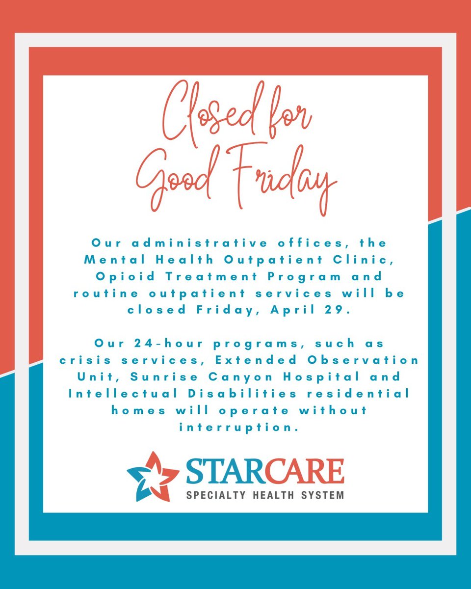 Our administrative offices, the Mental Health Outpatient Clinic, the Opioid Treatment Program and routine outpatient services will be closed Friday, April 29. 

Our 24-hour programs will operate without interruption. 

Have a safe weekend. #HopeAndHealth