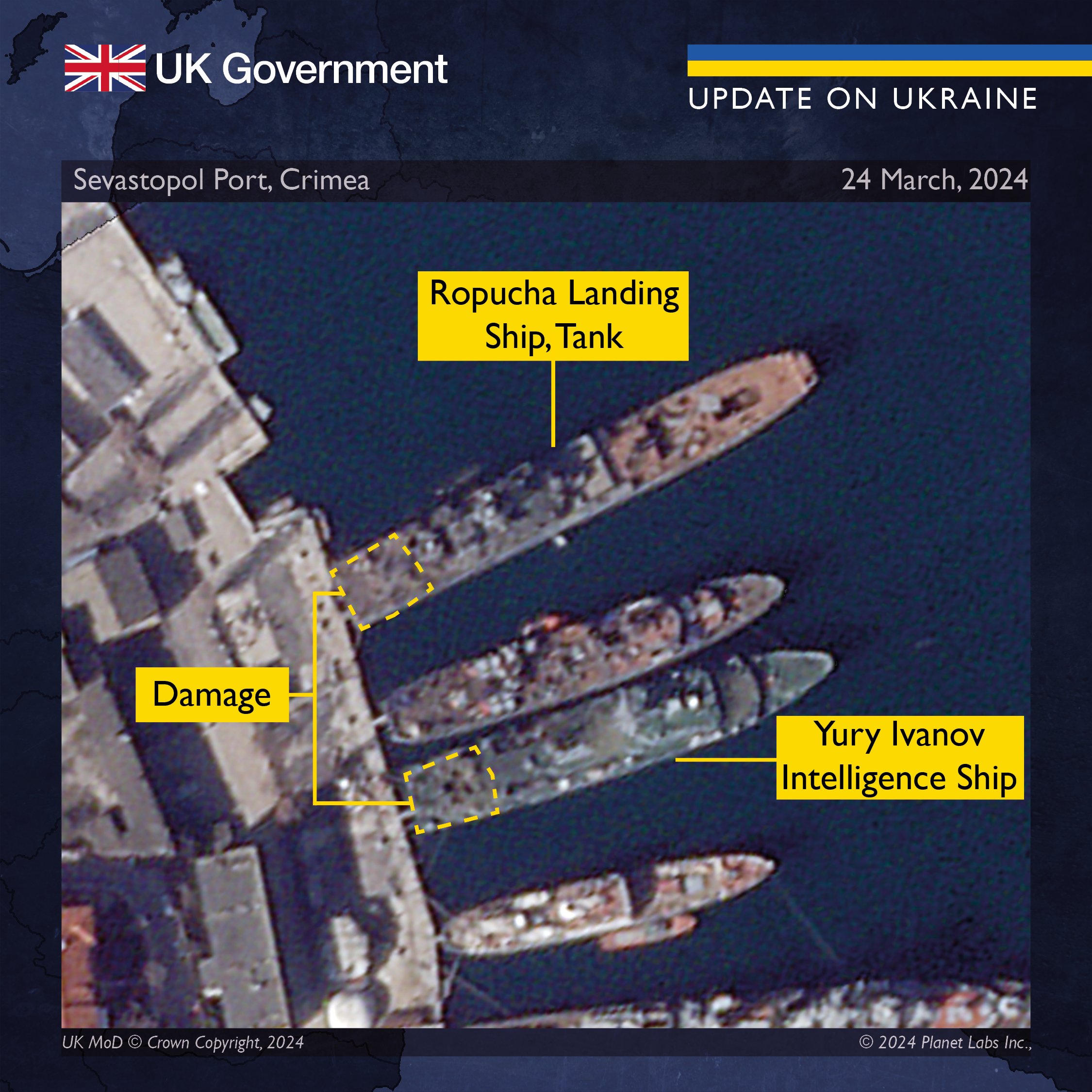 Satellite photo showing damage to two ships in Sevastopol Port, Crimea. 