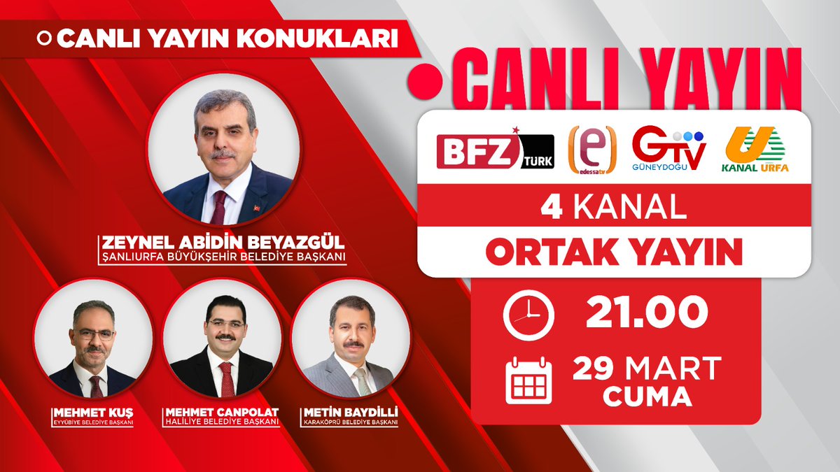 Bu akşam saat 21.00'da Büyükşehir Belediye Başkanımız Zeynel Abidin Beyazgül, Haliliye Belediye Başkanımız Mehmet Canpolat, Karaköprü Belediye Başkanımız Metin Baydilli ile birlikte gerçekleştireceğimiz BFZ Türk, Edessa TV, Güneydoğu TV ve Kanal Urfa ❝ORTAK CANLI YAYINDA❞