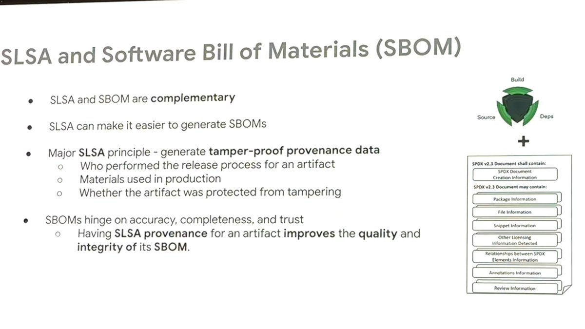 Really useful info from @boredabdel on supply chain security. Take a look into: - @projectsigstore sigstore.dev and cosign.dev - @openssf slsa.dev - Software Bill of Materials #SBOM #vdbuh24 #sigstore #cosign #slsa #security