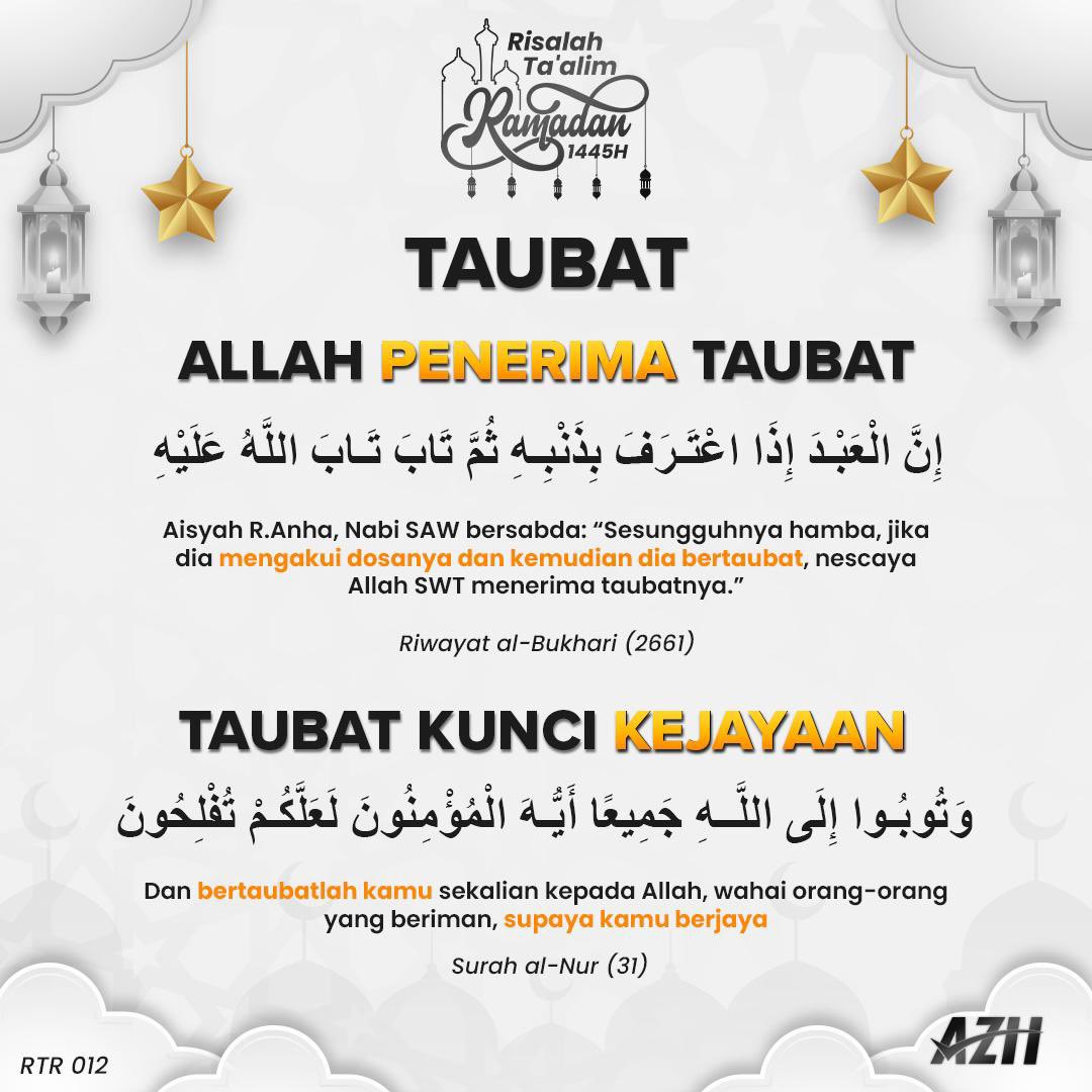 RISALAH TAALIM RAMADAN: TAUBAT Salam 18 Ramadan. Pada bulan mulia ini, umat Islam diberikan kesempatan yang istimewa untuk mendekatkan diri kepada Allah SWT, melakukan amal ibadah dengan lebih tekun, membersihkan jiwa serta hati melalui taubat dan melakukan introspeksi diri…