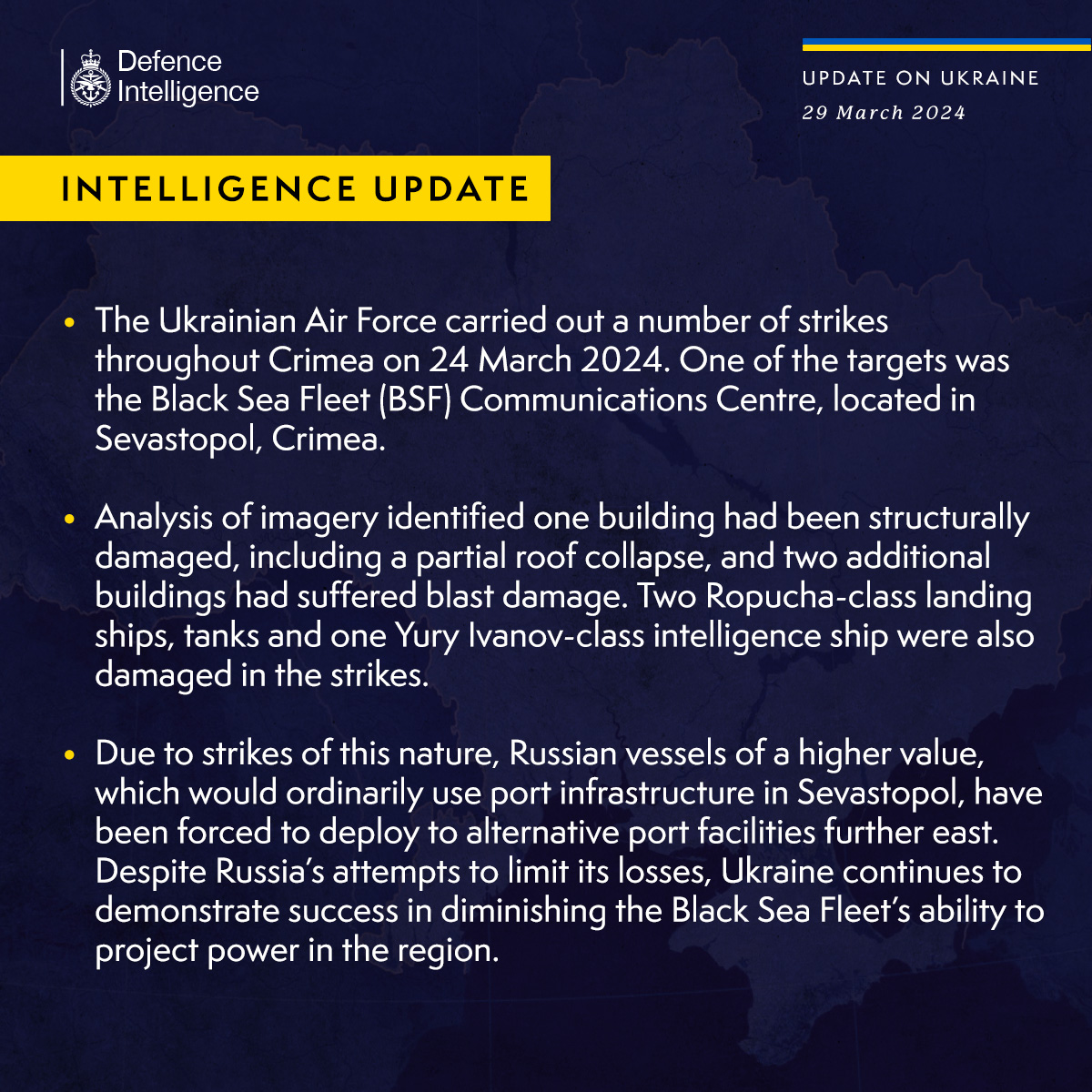 The Ukrainian Air Force carried out a number of strikes throughout Crimea on 24 March 2024. One of the targets was the Black Sea Fleet (BSF) Communications Centre, located in Sevastopol, Crimea. Analysis of imagery identified one building had been structurally damaged, including a partial roof collapse, and two additional buildings had suffered blast damage. Two Ropucha-class landing ships, tanks and one Yury Ivanov-class intelligence ship were also damaged in the strikes. Due to strikes of this nature, Russian vessels of a higher value, which would ordinarily use port infrastructure in Sevastopol, have been forced to deploy to alternative port facilities further east. Despite Russia’s attempts to limit its losses, Ukraine continues to demonstrate success in diminishing the Black Sea Fleet’s ability to project power in the region.