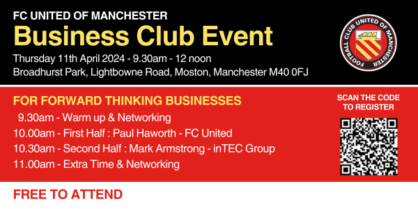 We are pleased to announce our next Business Club Networking Event   Date: Thursday 11th April 9.30am – 12pm Venue: Main Stand Function Room, Broadhurst Park, Moston, Manchester, M40 0FJ The event is FREE to attend. fc-utd.co.uk/news-story/fc-…