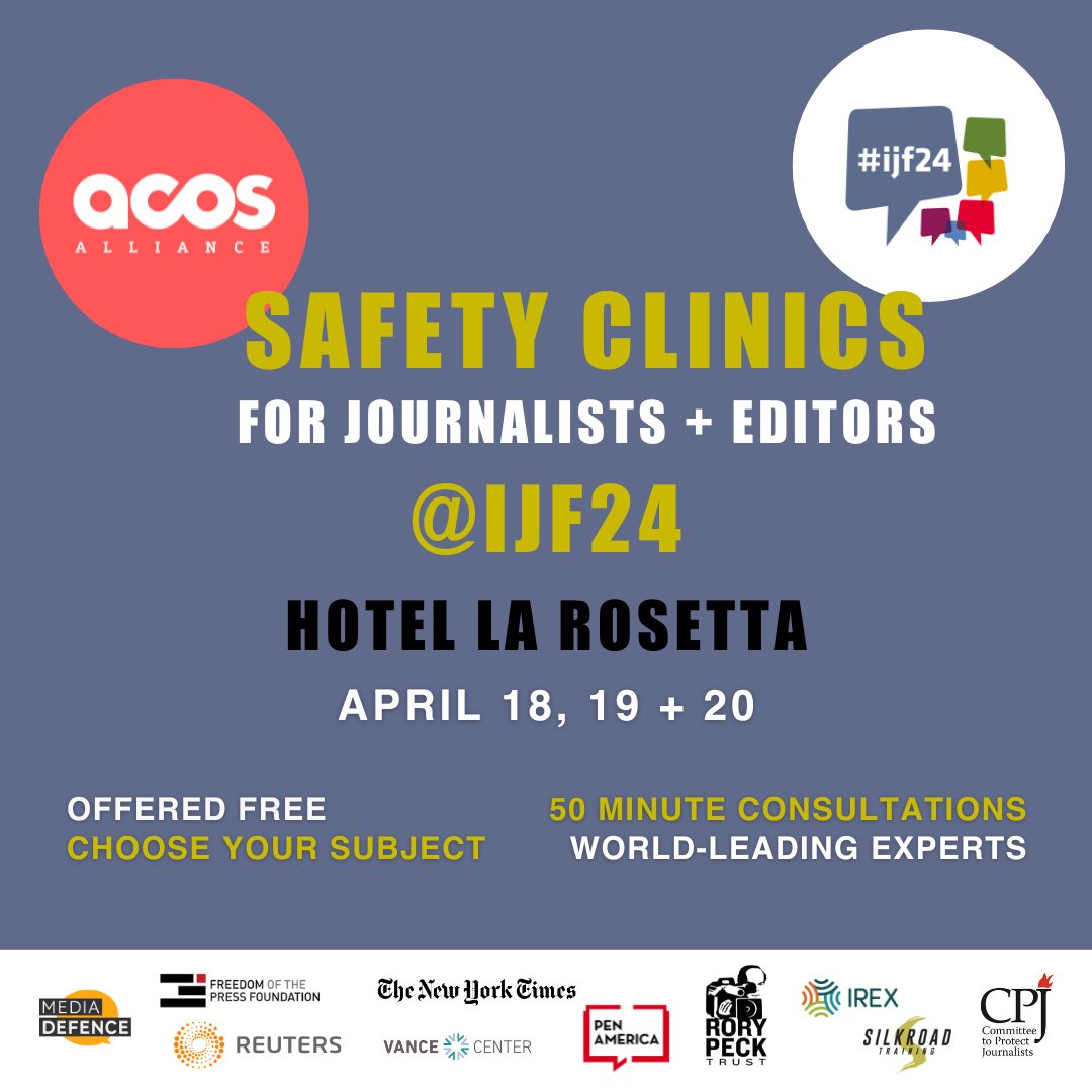 Safety experts from CPJ @IREXintl @rorypecktrust @VanceCenter @PENAmerica @Reuters @FreedomofPress @nytimes @mediadefence & more will be at April's @journalismfest in Perugia offering free safety clinics for independent journalists. #ijf24 Register here: docs.google.com/forms/d/e/1FAI…