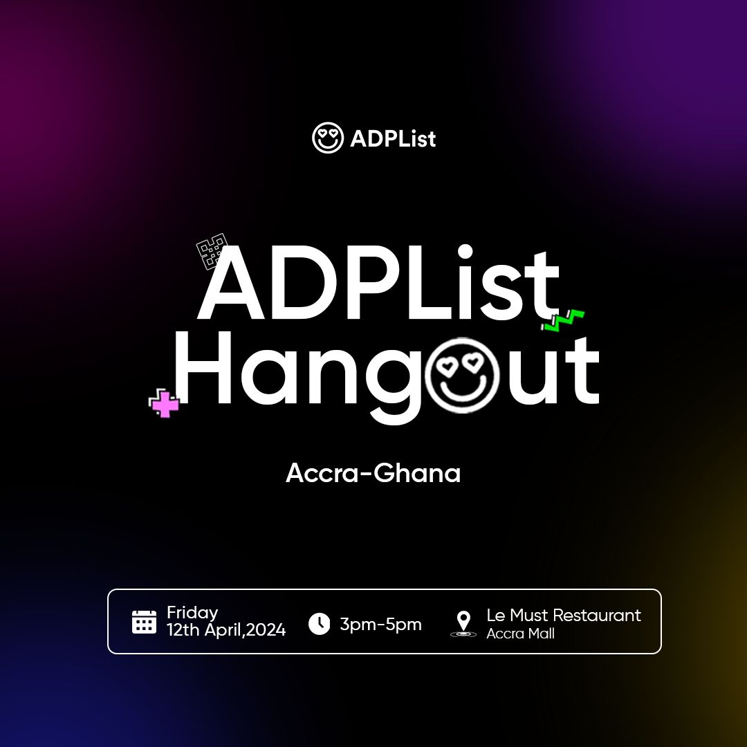 ‼️REGISTRATION IS REQUIRED‼️ Well It's about time! 😎👌🏽 A fun and long awaited hangout/meetup for everyone that is part of the ADPList family in Accra, Ghana✌🏽✨. Join us for good vibes, great people, fun conversation, and inspiring moments. 👇🏽👇🏽