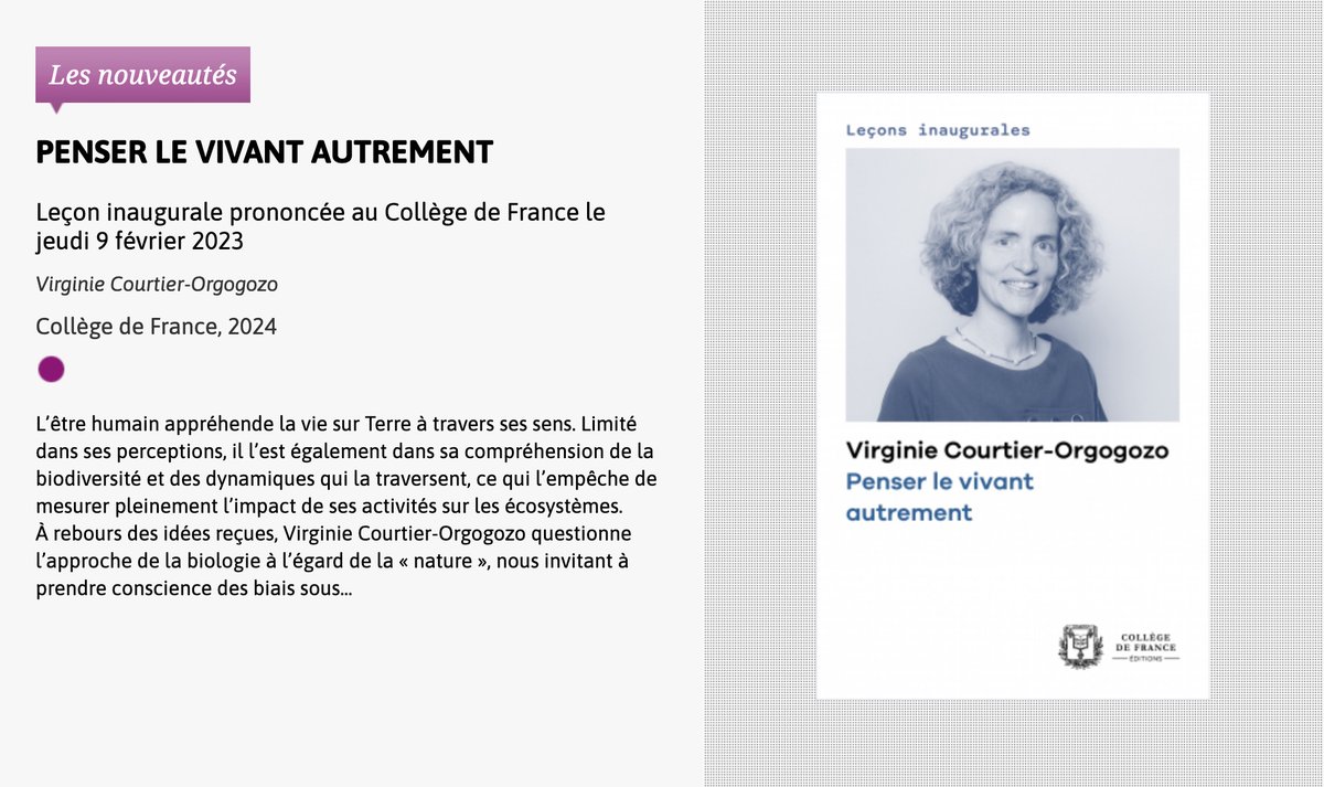 [#Parution #numérique] Virginie Courtier-Orgogozo, “Penser le #vivant autrement”, @EditionsCdF, coll. “Leçons inaugurales”, désormais en #accèsouvert freemium books.openedition.org/cdf/16649 @OpenEditionActu #biodiversité #écosystèmes @cdf1530 @Biol4Ever