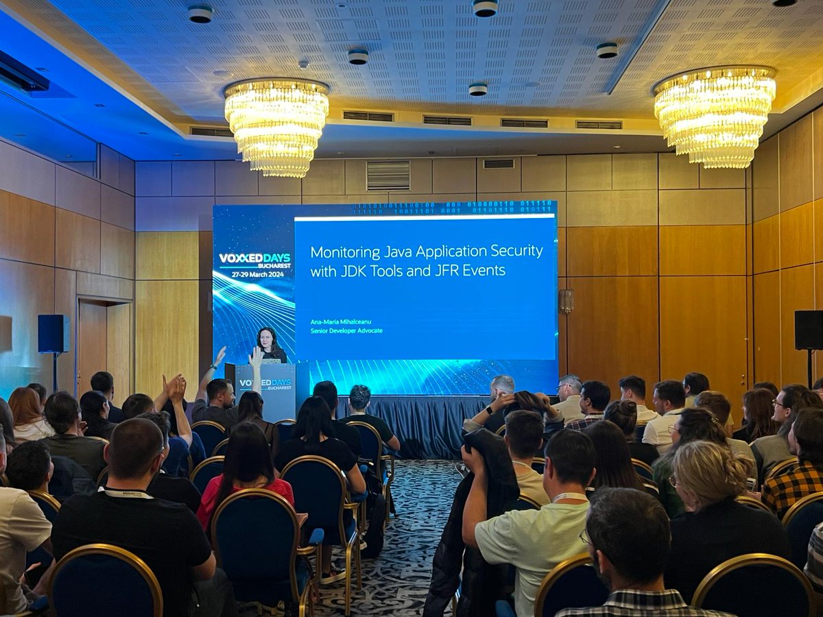 VoxxedBucharest's tweet image. In Crowne A, @ammbra1508 presents a talk on monitoring the underlying security configuration of your Java application.
#itisfun #vdbuh24 #conference