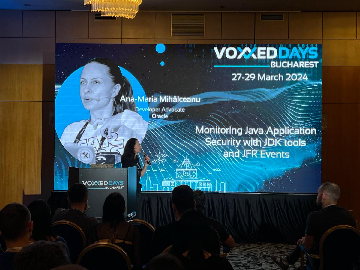 VoxxedBucharest's tweet image. In Crowne A, @ammbra1508 presents a talk on monitoring the underlying security configuration of your Java application.
#itisfun #vdbuh24 #conference