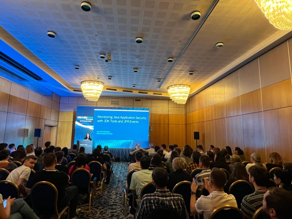 VoxxedBucharest's tweet image. In Crowne A, @ammbra1508 presents a talk on monitoring the underlying security configuration of your Java application.
#itisfun #vdbuh24 #conference