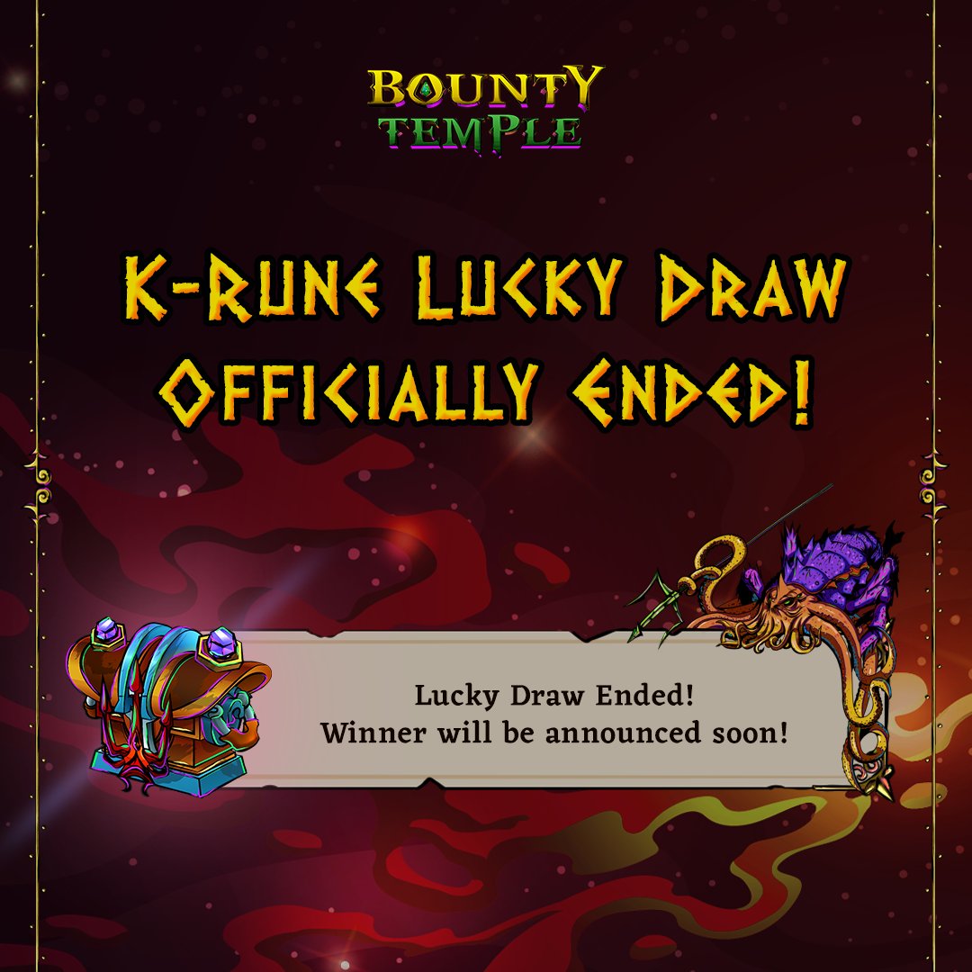 Lucky Draw Update: That's a Wrap! 🎊 Thanks to All Who Participated in the Bounty Temple K-Rune Lucky Draw. Now, Stay Tuned as We Prepare to Announce the Winner! #BountyTemple #P2EE #GameFi #TYT