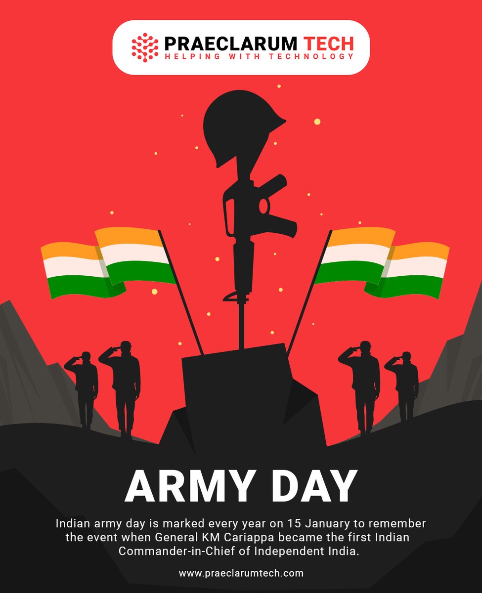Praeclarum_Tech's tweet image. Happy Army Day! 

Army Day is celebrated in various countries to honor the bravery and sacrifices of their armed forces. 

It&apos;s a day to salute the valor and dedication of Indian soldiers who selflessly protect the nation&apos;s sovereignty and integrity. 

#praclarumtech #praeclarum