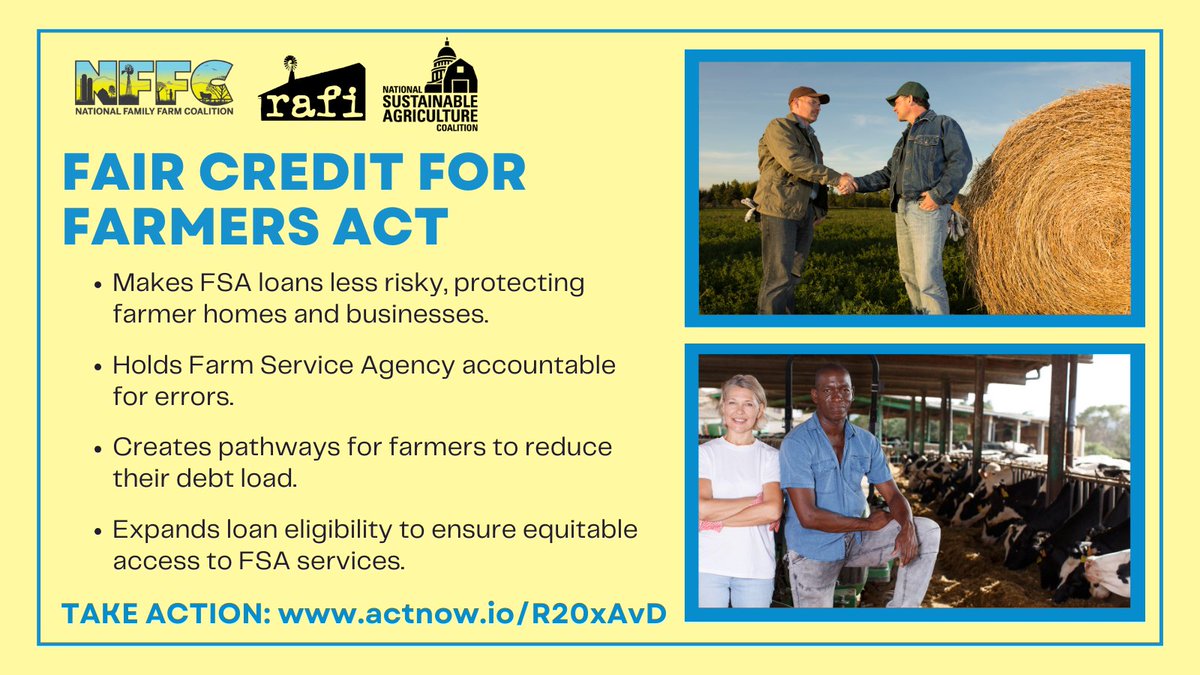 Farmers' debt exceeds $500B, while Big Ag reaps the lion’s share of profits. Small farmers need borrower protections and flexible lending terms in the next #FarmBill! Call Congress right now and tell them to support the #FairCreditForFarmersAct actnow.io/R20xAvD
