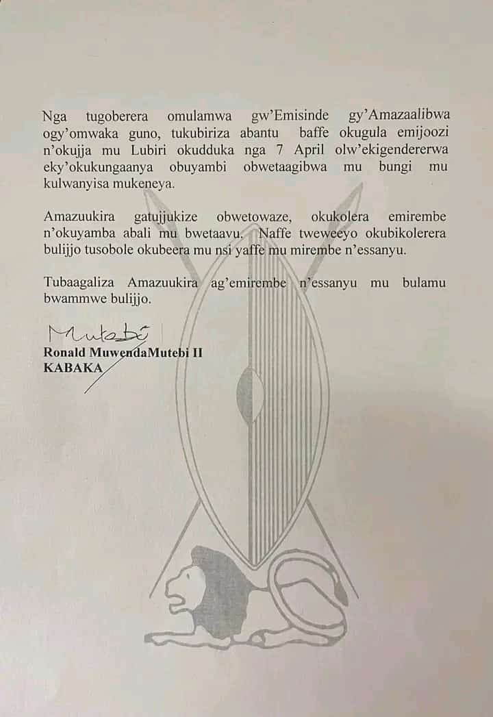 Obubaka bwa Kabaka obwa Easter. Kabaka atukubiriza okunywerera kw'ebyo bye tukiririzaamu tuleme okuwubisibwa n'okwegaana abantu baffe olw'ebyenfuna n'obugagga. 'Amazuukira gatujjukize obwetowaze, okukolera emirembe n'okuyamba abali mu bwetaavu' - Ssaabasajja.