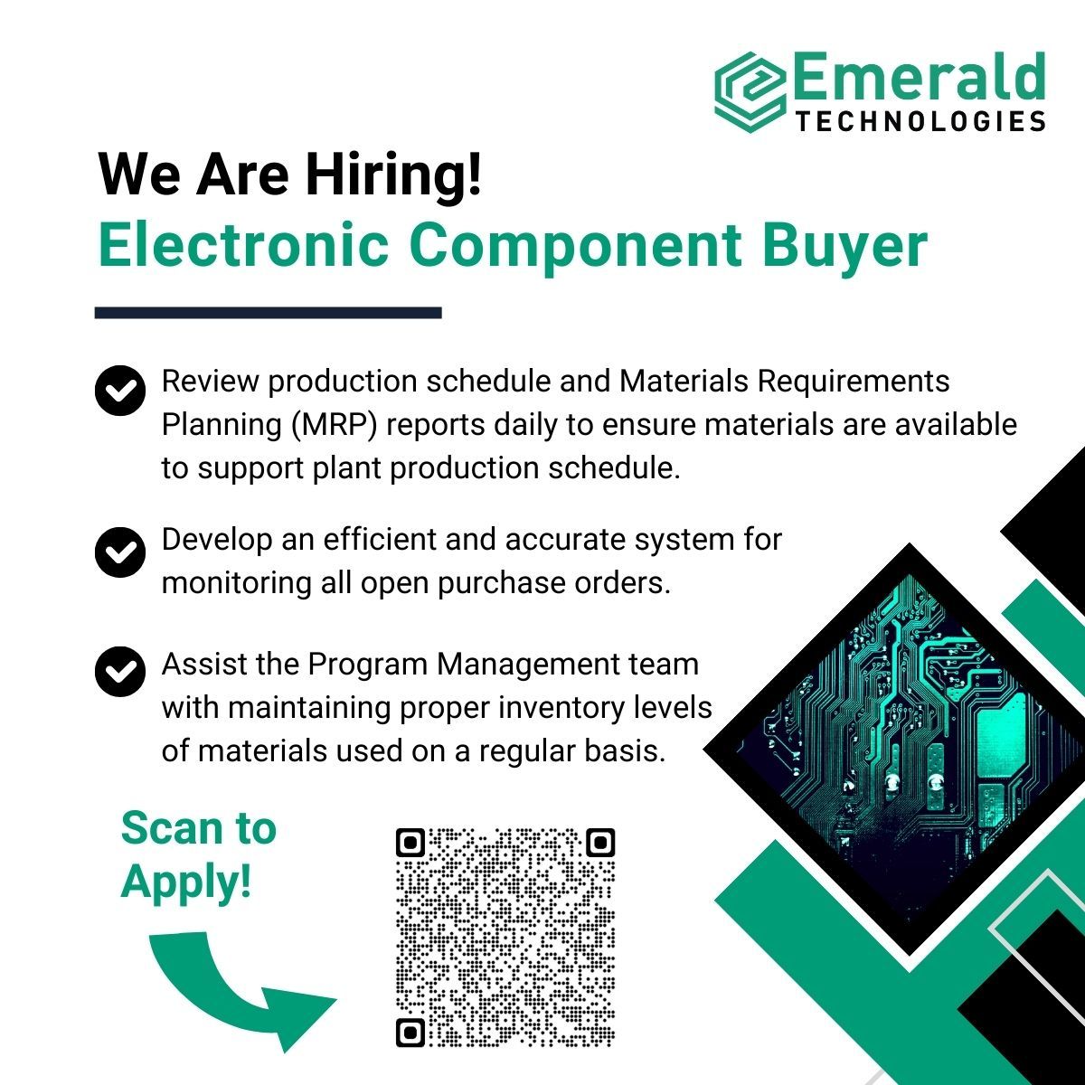 Emerald_Tech_US's tweet image. Attention Procurement Professionals! Our team is looking for a skilled Electronic Component Buyer who can analyze production plans and raw material inventories to ensure material requirements are met.

Apply now!
workforcenow.adp.com/mascsr/default…

#procurement #buyer #inventorymanagement