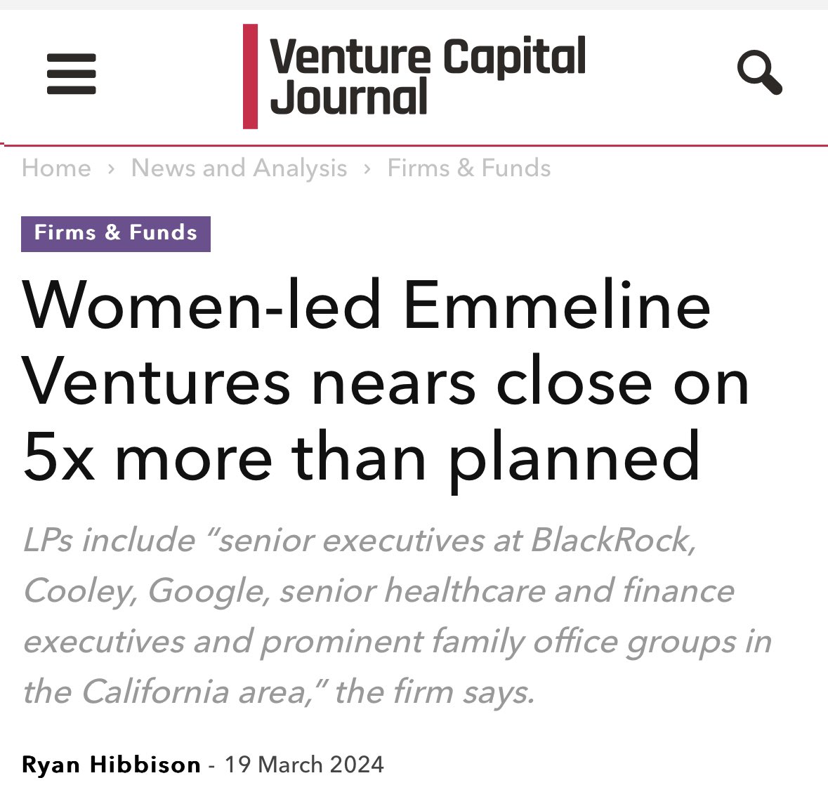 This is absolutely what I LOVE to see! 

Did you know it typically takes female VCs and Founders 3x longer to raise half as much as men? Happy to see an oversubscribed fund here for #emmelineventures #thefutureisfemale #womenfunders #venturecapital.