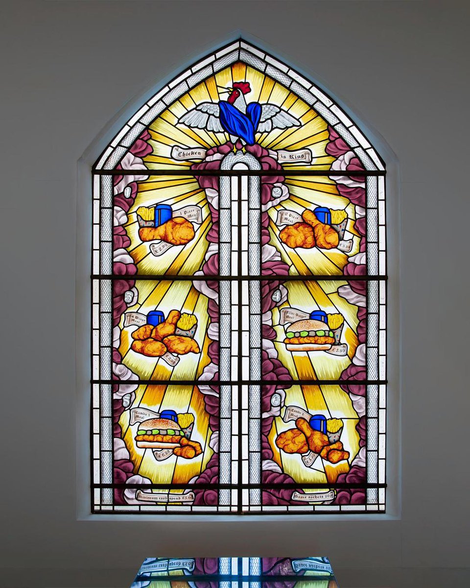 Gallery & shop open Good Friday 10-6 & Sat 10-6.30. Closed Easter Sun & Mon. Image: Jack Hirons 'Chicken is King' Stained glass, lead, chicken bone ash 2024