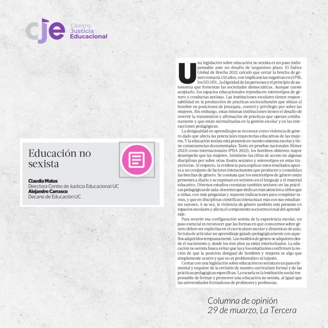 Centro de Justicia Educacional (CJE) (@justiciaeduc) on Twitter photo 📰 Hoy nuestra directora, Claudia Matus y el decano de la Facultad de Educación UC, Alejandro Carrasco, se refieren en <a href="/latercera/">La Tercera</a> a lo indispensable que resulta contar con una legislación sobre #EducaciónNoSexista.
Revisa la columna acá: bit.ly/3IZn8La 🔗 📰 Hoy nuestra directora, Claudia Matus y el decano de la Facultad de Educación UC, Alejandro Carrasco, se refieren en <a href="/latercera/">La Tercera</a> a lo indispensable que resulta contar con una legislación sobre #EducaciónNoSexista.
Revisa la columna acá: bit.ly/3IZn8La 🔗