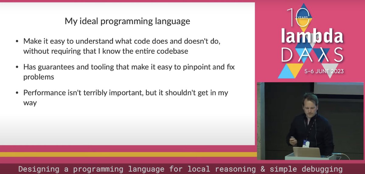 That's Robin H. Hansen's ideal #programminglanguage 👀 Learn more about his ideas for designing one for local reasoning and simple debugging: youtu.be/1Z5NJs_gy0w #lambdadays #programming #debugging