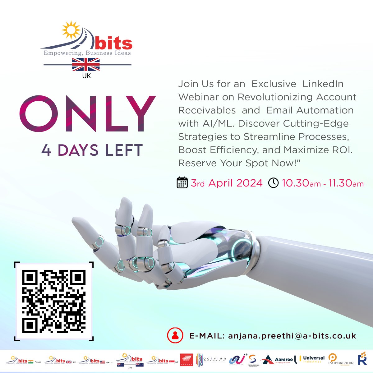 'Only 4 Days Left! Join Us for an Exclusive LinkedIn Webinar on Revolutionizing Account Receivables and Email Automation with AI/ML. Reserve Your Spot Now!' #ssgroupofcompanies #ssgroup #abitsuk #abits #uk #ukbusiness #ai #ml #webinar #emailautomation #accountreceivable #roi