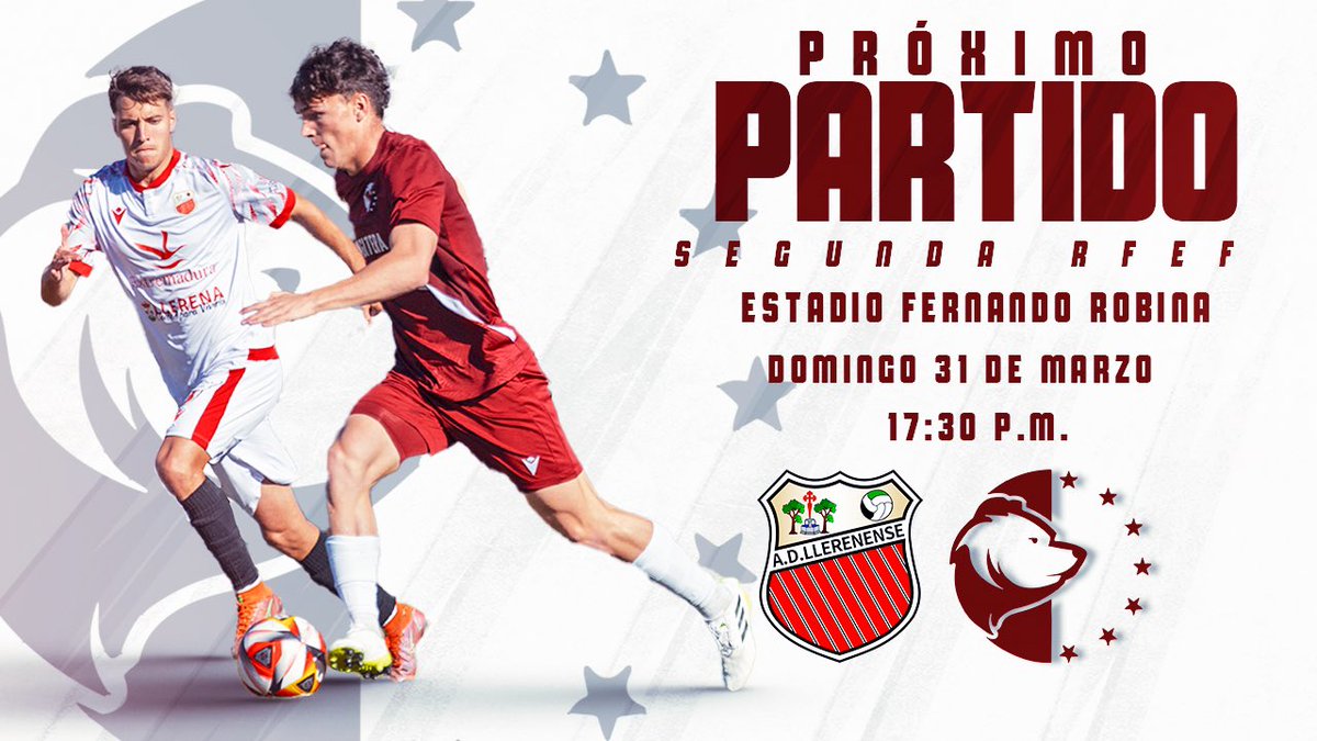 ⚽️JORNADA 29⚽️

¡Viajamos hasta Llerena para enfrentarnos al <a href="/adllerenense/">A.D. Llerenense</a> !

📆 Domingo 31 de marzo

⏱️ 17:30 p.m

📍Estadio Fernando Robina

📺 Fotballclub