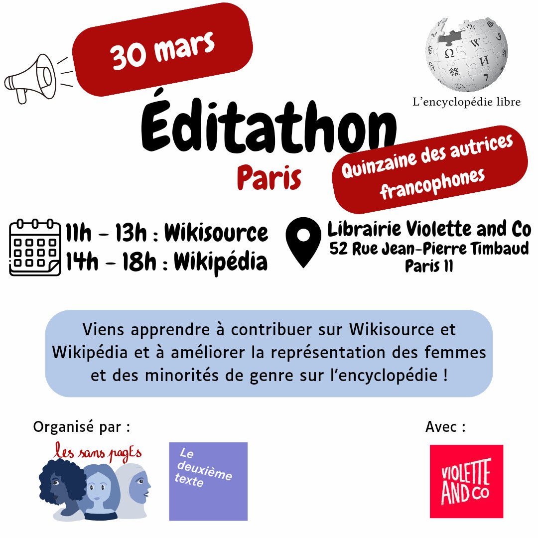Notre atelier <a href="/Wikipedia_fr/">Wikipédia en français</a> et <a href="/wikisource_fr/">Wikisource</a> mensuel chez Violette &amp; Co sera egalement placé sous le signe de la #QuinzaineDesAutricesFrancophones ! Rejoignez-nous pour (apprendre à) contribuer sur ces 2 plates-formes et y réduire le #BiaisDeGenre. 
#wikipedia #QueFaireAParis